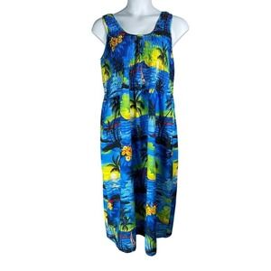 Rima Beachworld Dress Womens OSFA Blue Hawaiian Tropical Smocked Maxi Tie Back